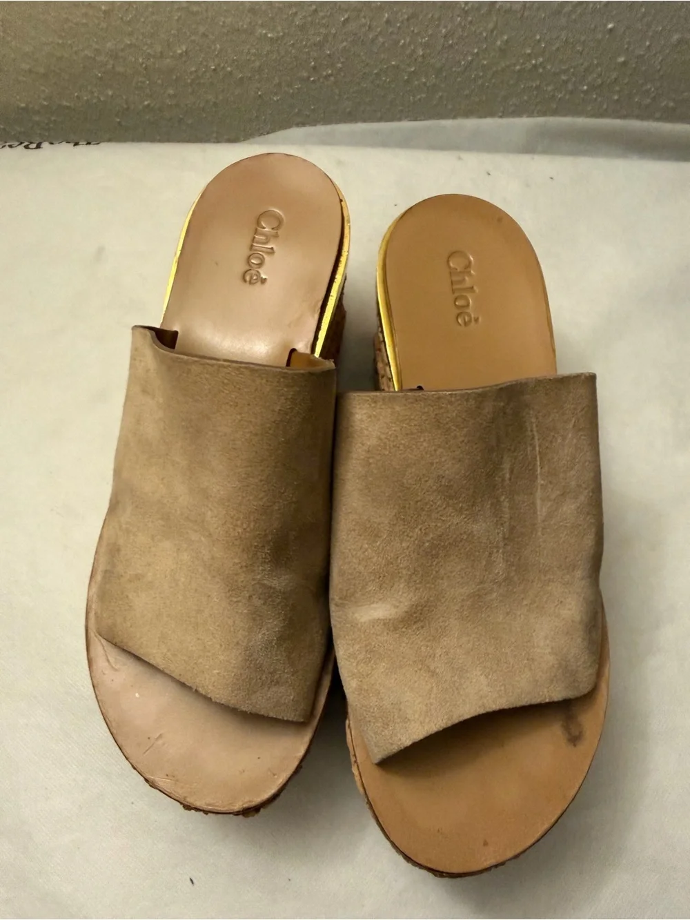 Chloé Taupe Suede Espadrille Slide Sandals, pre-owned, SZ7, gently used